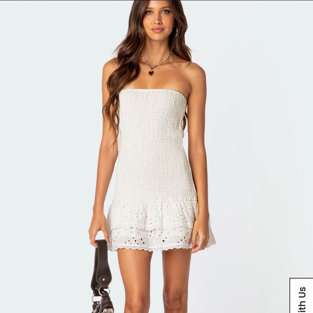 Edikted Livia Lacey Cotton Scrunch Mini Dress Size XS